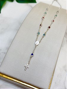 Colar Terço Prata 925 zircônias coloridas