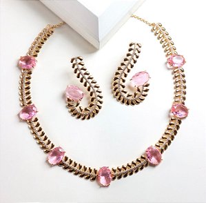 Conjunto Luxo em em Rosa Cristal com detalhes em zircônias