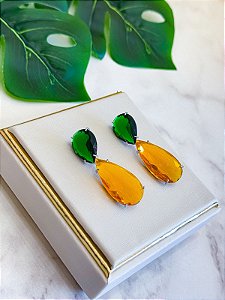 Brinco Ródio Branco Verde/Laranja