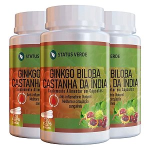 3 Potes Ginkgo Biloba + Castanha da India Kit 360 cáps - Status Verde