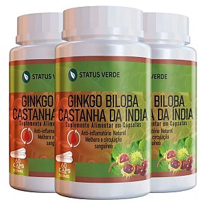 3 Potes Ginkgo Biloba + Castanha da India Kit 180 cáps - Status Verde