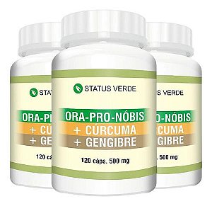3 Potes Ora Pro Nobis + Cúrcuma + Gengibre Kit 360 Cáps - Status Verde
