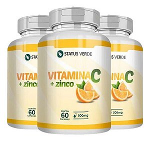 3 Potes Vitamina C + Zinco Kit 180 Cáps - Status Verde