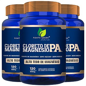 3 Potes Cloreto de Magnésio P.A. Kit 360 Cáps - Fonte Verde