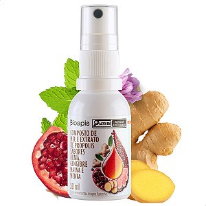Spray Composto de Mel e Extrato de Própolis 30ml Sabor: Romã, Gengibre, Malva e Menta - Minamel