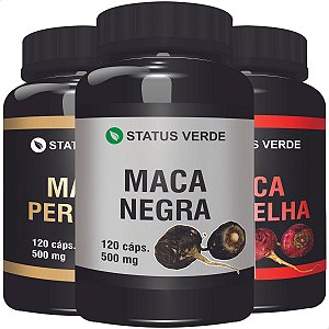 Kit Maca Vermelha + Maca Amarela + Maca Preta 120 Cáps P/ Pote - Status Verde