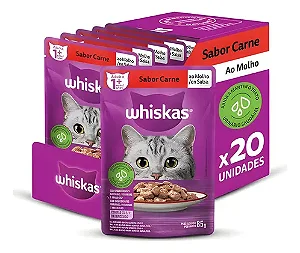 Ração Úmida Sachê Whiskas para Gatos Caixa Com 20 unidades Sabor Carne ao Molho