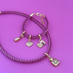 Conj Colar E Pulseira Couro Make Rosa
