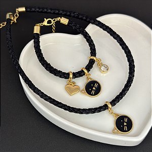 Conj Colar E Pulseira Couro Gatinho Preto