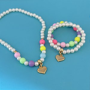 Conj Colar E Pulseiras Bolinha Coração Cristal