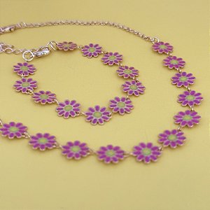 Conj Choker E Pulseira Margaridas Rosa