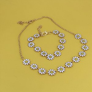 Conj Choker E Pulseira Margaridas Branco