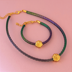 Conj Choker E Pulseira Holografico Concha