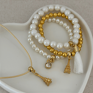 Conj Colar Fio E Pulseiras Paris Branco
