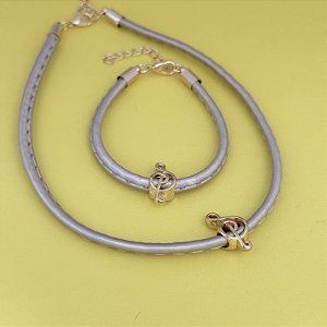 Conj Choker E Pulseira Metalizado Nota Musical