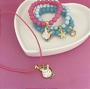 Conj Colar Fio Com Pulseiras Unicornio