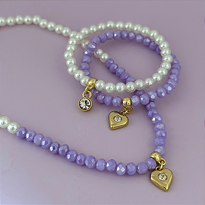 Kit Colar e Pulseira Cristal e Perola N4 Coração