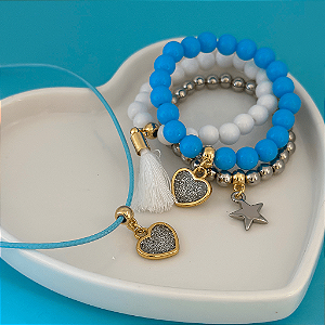 Conj Colar Fio E Pulseiras Coração Glitter