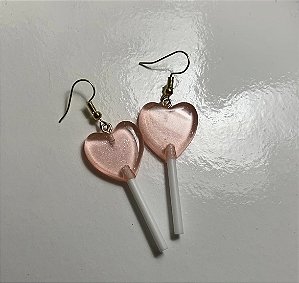 Brincos Pirulito de Coração Rosa