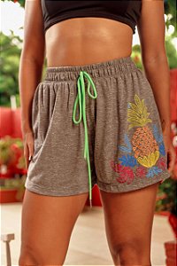 Short Malha Cinza Casual Estampa Abacaxi