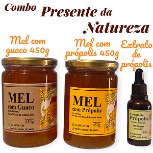 COMBO PRESENTE DA NATUREZA um mel com própolis 450g+um mel com guaco 450g +um extrato de propolis 30ml