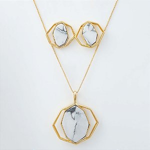 Conjunto Colar e Brinco com Pedra Natural Howlita Geométrico