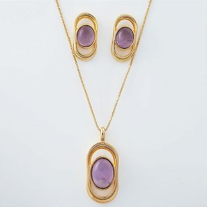 Conjunto Colar e Brinco com Pedra Natural Ametista