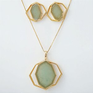 Conjunto Colar e Brinco com Pedra Natural Quartzo Verde Geométrico