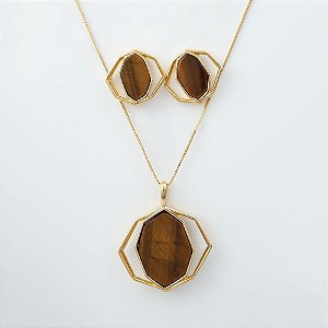 Conjunto Colar e Brinco com Pedra Natural Olho de Tigre Geométrico