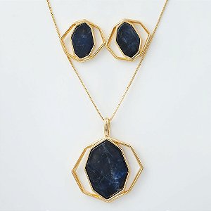 Conjunto Colar e Brinco com Pedra Natural Sodalita Geométrico