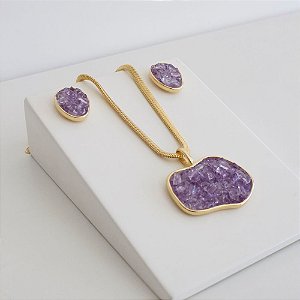 Conjunto Colar e Brinco Vivaz com Pedra Natural Ametista