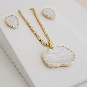 Conjunto Colar e Brinco Vivaz com Pedra Natural Selenita