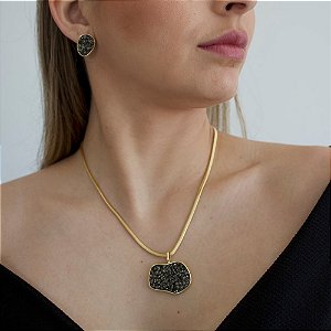 Conjunto Colar e Brinco Vivaz com Pedra Natural Pirita