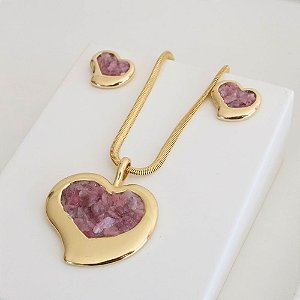 Conjunto Colar e Brinco Coração com Pedra Natural Rodonita