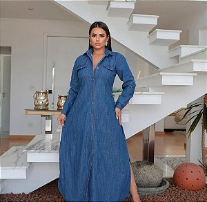 Vestido Chamisie Jeans Longo com botões frontal Manga Longa Fendas