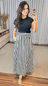 Saia Longa Listras Viscolinho Forrada c/ Bolsos e Fendas Laterais