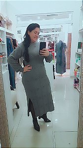 Vestido Mido Tricô Mangas Longas Gola Redonda Detalhes Bico de Tricô c / Fendas Laterais