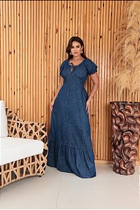 Vestido Jeans Longo Ciganinha c/ Amarração