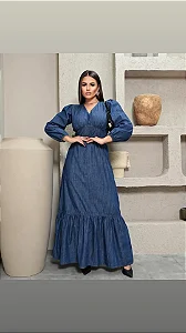 Vestido Longo Jeans Manga Longa Decote V