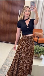 Saia Longa Rodada Estampada Animal Print c/ Fendas e Bolsos