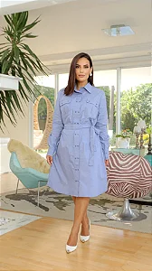 Chamise Jeans Chambray Curto Mangas Longas Botões Frontal Bolsos Frontal