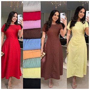 Vestido Midi com elástico nas Cintura e Amarração Manga Curta