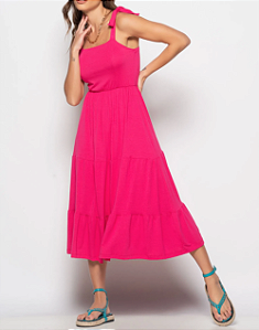 Vestido Midi Babado Com Alça Amarração Malha Rosa Salvatore