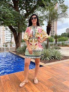 Vestido Curto Manga Lenço Floral Biriba FARM