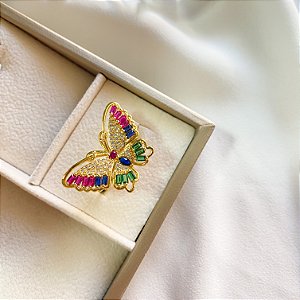 Anel borboleta cravejada em zircônias coloridas