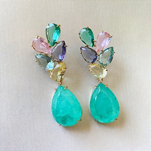 Brinco gotas em cristais coloridos e gota fusion turmalina