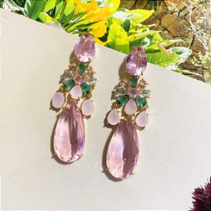 Brinco flor e gotas em cristais