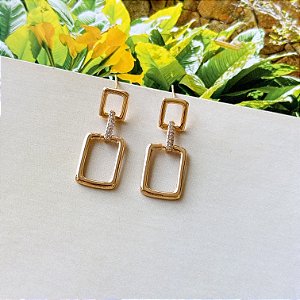 Brinco Retangular Cravejado Banho Ouro