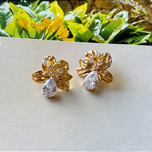 Brinco Flor Banho Ouro Cravejado em Zircônia