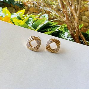 Brinco Quadrado Cravejado Zircônia Banho Ouro